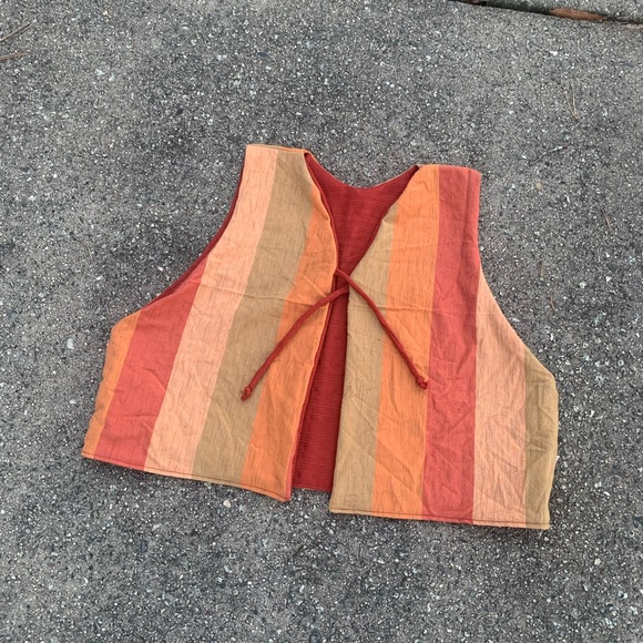 Handmade Upcycled Reversible Tie Vest - Red, Orange, and Green - Picture 7 of 9
